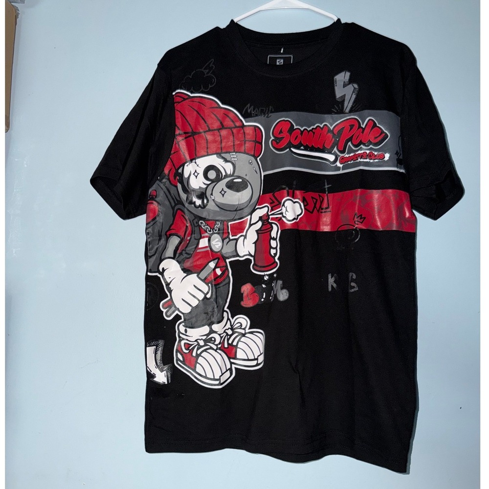 Southpole Men's Large Black Graphic T-Shirt Graffiti Bear Streetwear 2535